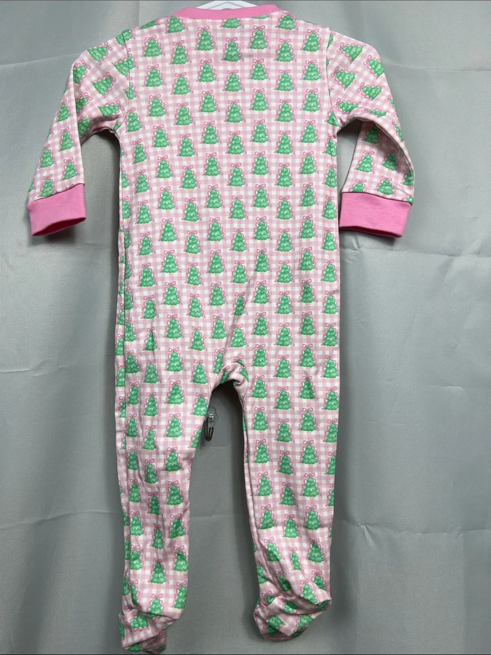 James and Lottie pink gingham Christmas tree one piece zipper footie 9 months